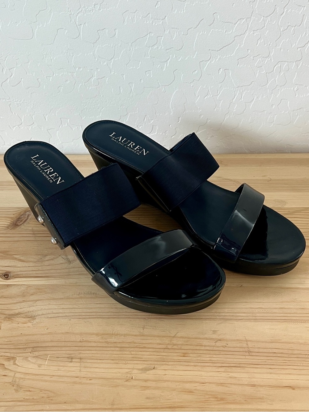 Lauren Ralph Lauren Rhianna Black Patent and Fabric Wedge Slide Sandals